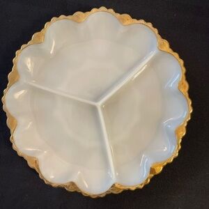 Anchor Hocking gold trim milk glass three section divide relish serving tray.​